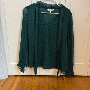 LC Lauren Conrad Dark Green Dotted Blouse with Tie Neck